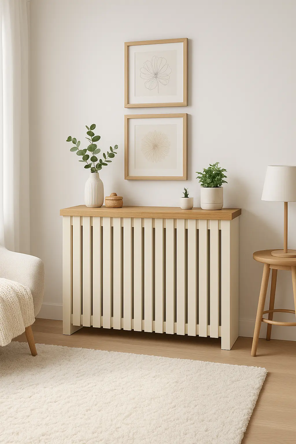 Cubreradiador moderno Nova 11, lacado blanco con tapa de madera