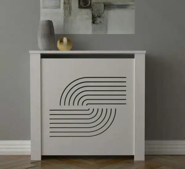 Cubreradiador moderno Nova 4, frontal liso lacado en blanco con dibujo de curvas