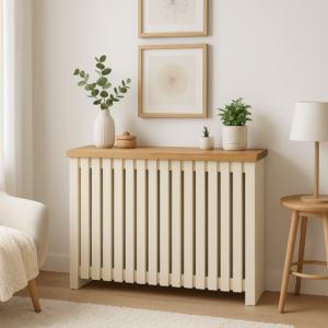 Cubreradiador moderno a medida lacado en blanco instalado en recibidor